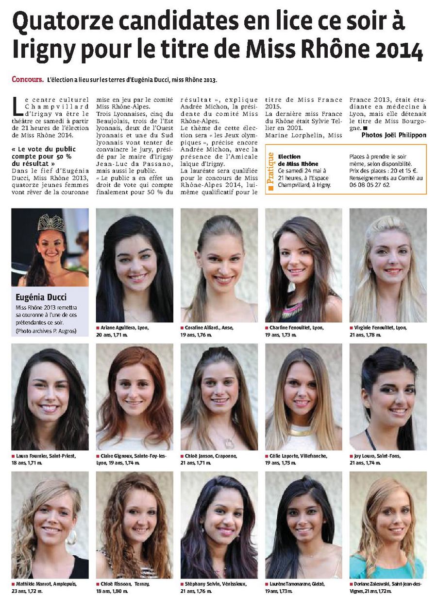 Quatorze candidates en lice ce soir à Irigny pour le titre de Miss Rhône 2014