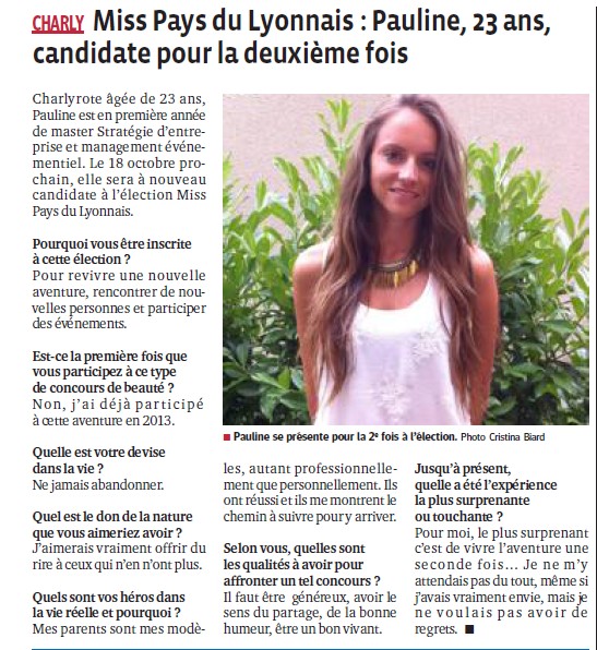 Miss Pays du Lyonnais Pauline 23 ans candidate pour la 2ème fois