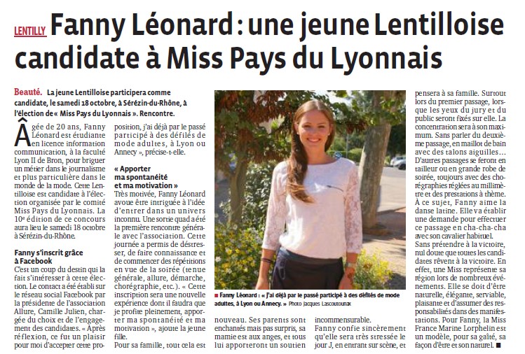 Fanny Léonard une jeune lentilloise candidate à Miss Pays du Lyonnais